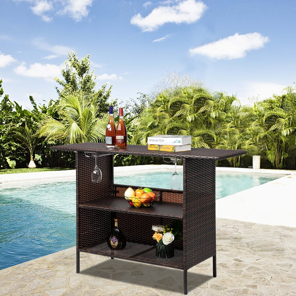 HiiKaa Patio Wicker Bar Table,Outdoor Rattan Counter Table with Steel Storage Shelves & Wine Rack for Party,Picnic,Poolside and Backyard,Brown