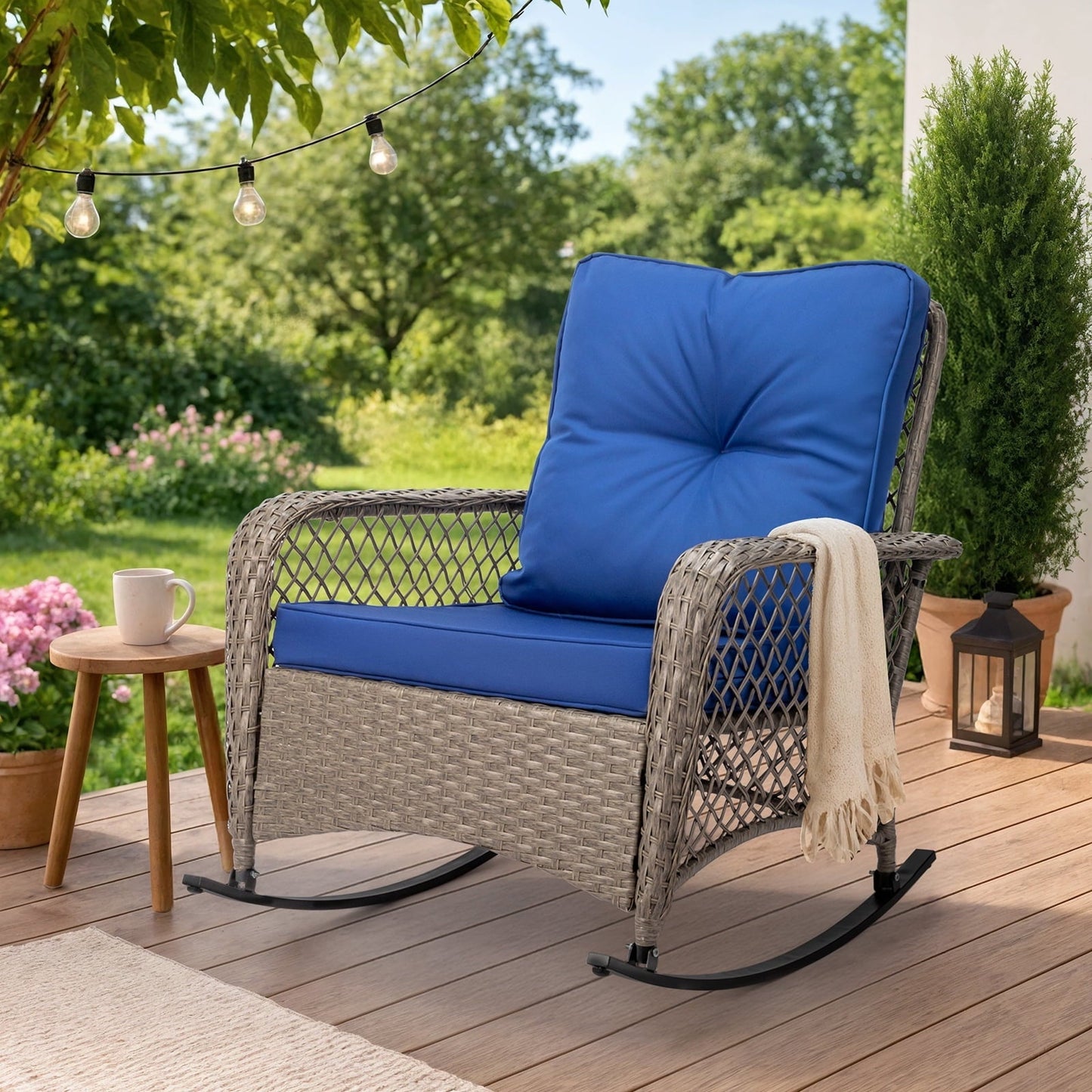 Ktaxon Outdoor Woven Rattan Rocking Chair with Blue Cushion, Large Wicker Patio Furniture, Grey and Blue