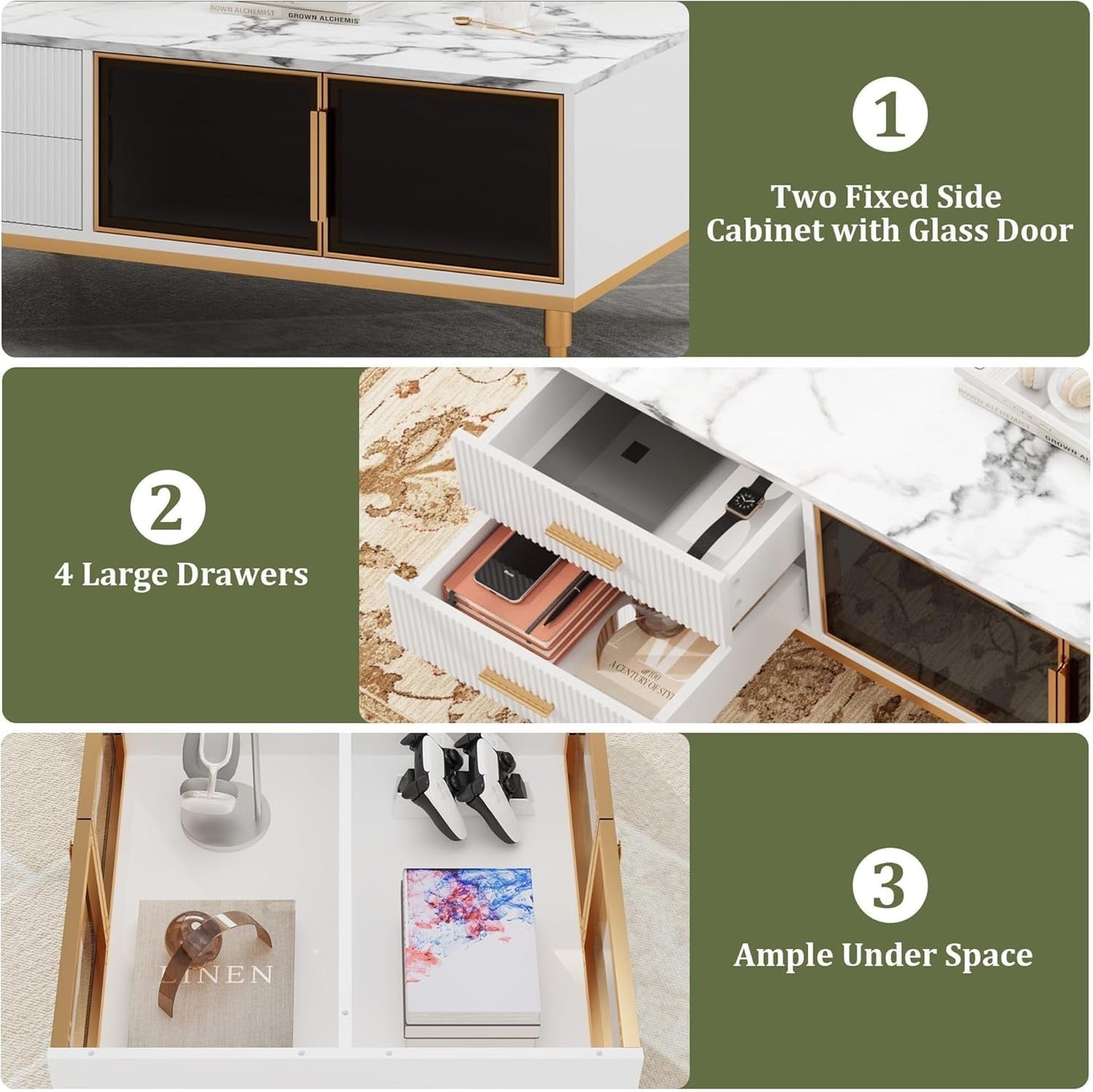 Coffee Table, Modern Coffee Table for Living Room with 4 Drawers, Glass-Front Cabinets, Faux Marble Fluted Panel Design, Stylish Storage Solution