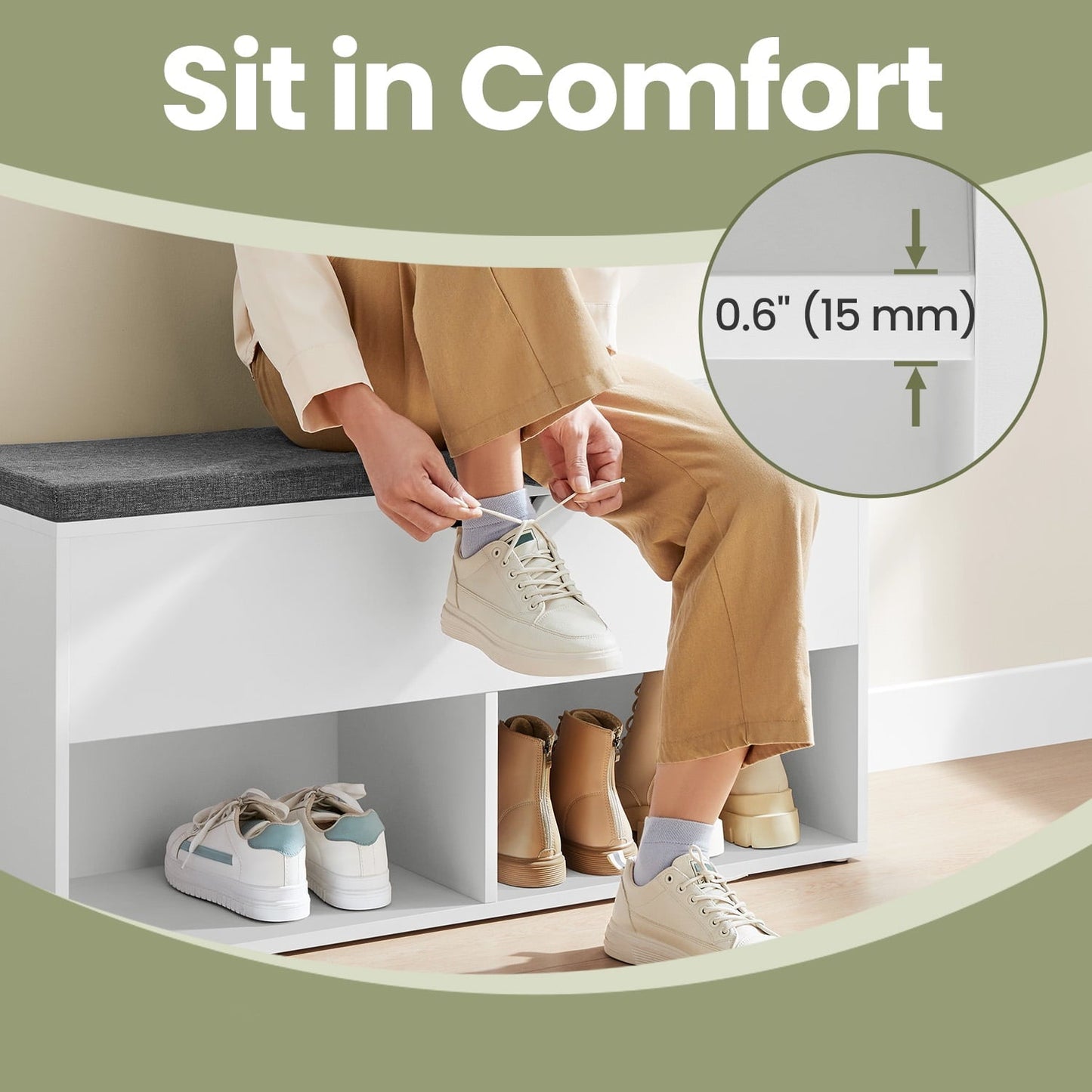 LEDREM Shoe Bench with Cushion, 300lb Capacity Storage Bench with 3 Compartments, White and Gray