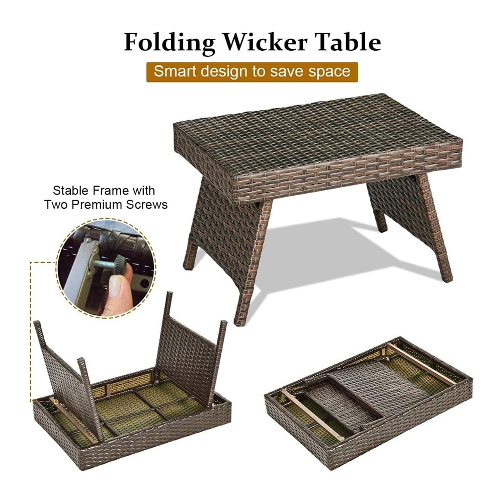 Coffee Table, Patio Side Table Rattan Wicker with Steel Frame and Foot Pads, Outdoor Foldable Portable Side Table for Garden, Poolside, Patio, Balcony, Yard, Lawn