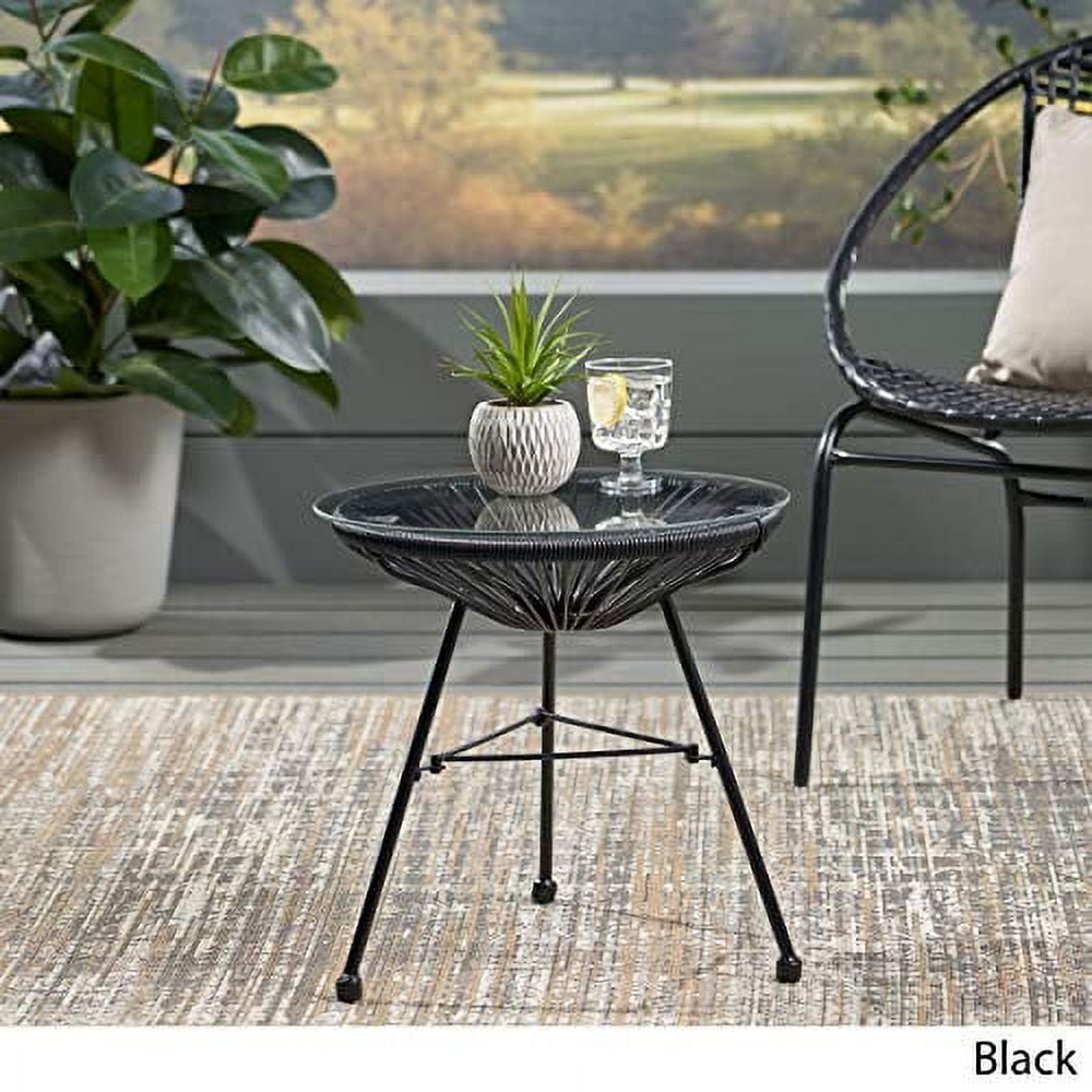 Great Deal Furniture Christina Outdoor Modern Faux Rattan Side Table with Tempered Glass Top, Black