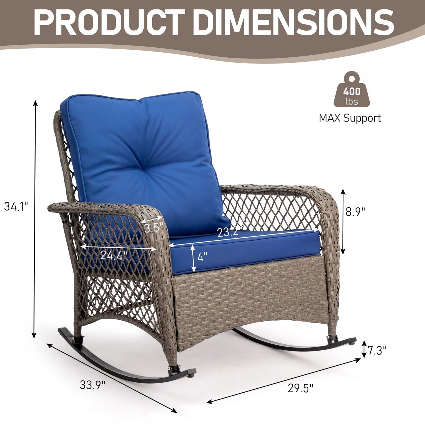 Ktaxon Outdoor Woven Rattan Rocking Chair with Blue Cushion, Large Wicker Patio Furniture, Grey and Blue