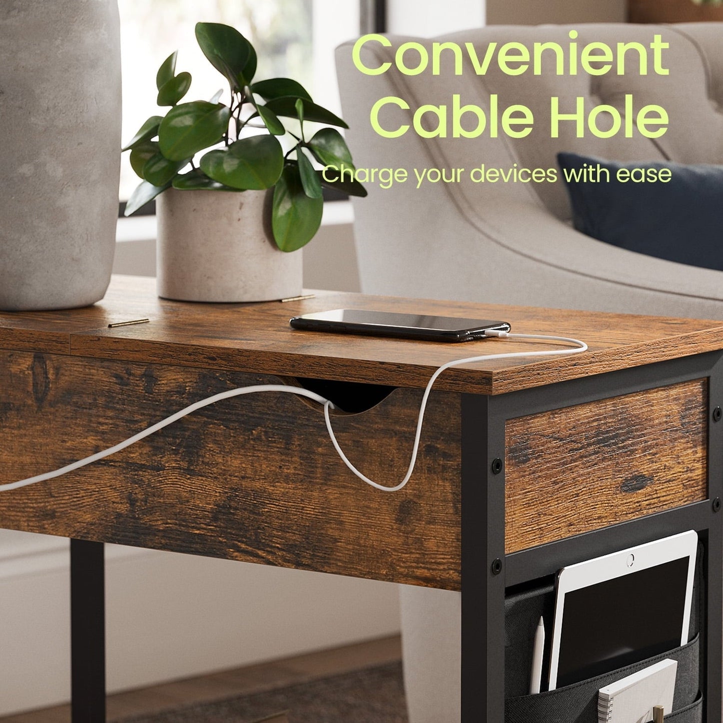 LEDREM 2pcs Side Tables with Storage, Nightstands End Tables for Small Spaces, Rustic Brown