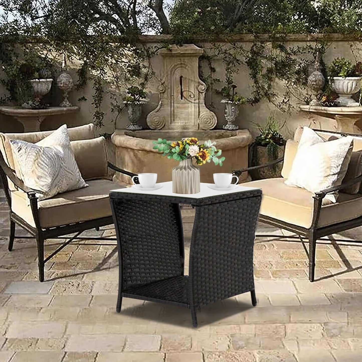 Kinsuite PE Rattan Patio Side Table - Outdoor Wicker End Table with Glass Top, Rattan Coffe Table in Iron Frame for Backyard Balcony Poolside, Black