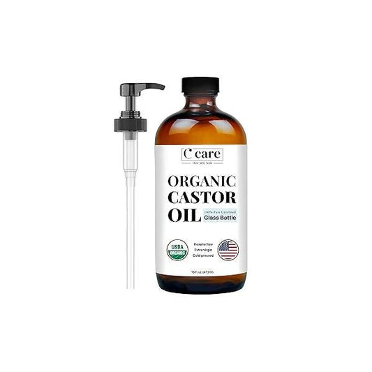 Castor Oil 100% Pure Organic Cold Pressed Unrefined Glass Bottle With Pump | USDA Certified Hexane Free Extra Virgin For Hair Growth Eyebrows Eyelashes Skin and Pack Wrap 16oz