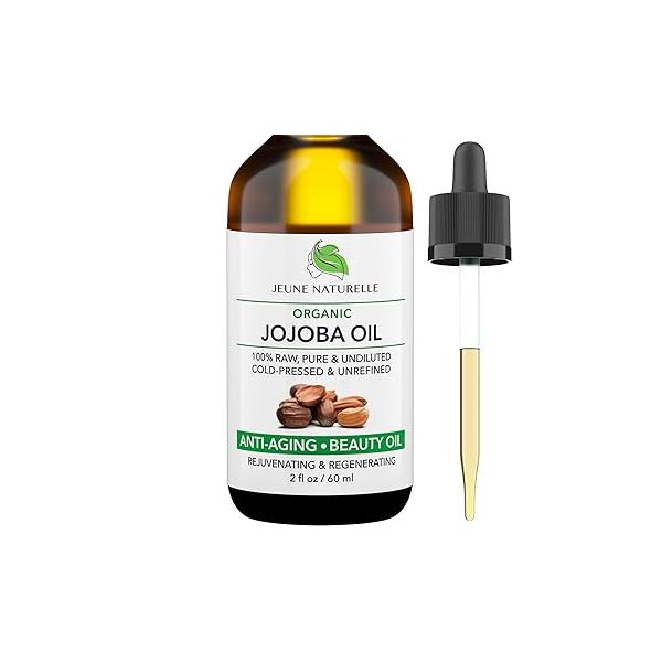 Jeune Naturelle Jojoba Oil Organic Cold Pressed - 100% Pure, Raw, Virgin, Undiluted, Unrefined Ideal for Hair, Skin, Hair Growth, 2 oz