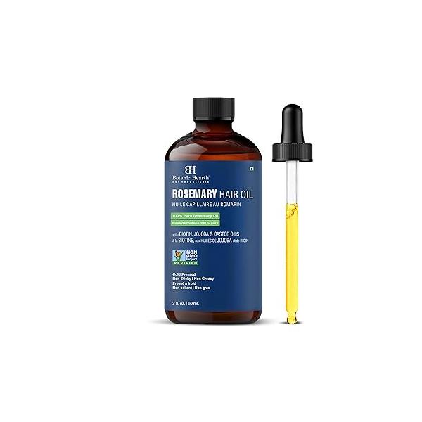 Botanic Hearth 100% Pure Rosemary Oil For Hair (2 fl oz) Infused With Biotin, Jojoba & castor | strengthening Treatment Nourishing Volumizing Non GMO Verified