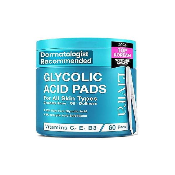 Elvira Glycolic Acid Exfoliating Facial Pads With 10% Acid, 2% Salicylic & Niacinamide - 60 Toner Pads, Daily Peel Treatment for Acne Prone Sensitive Skin