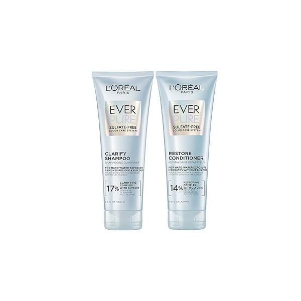 L'Oreal Paris Clarify and Restore Sulfate Free Shampoo Conditioner Set with Antioxidants for Hard Water Exposure Styling Build-up, EverPure, 1 Hair Care Kit