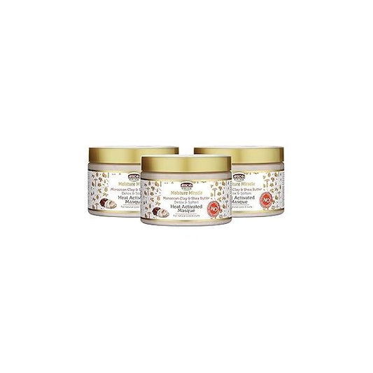 African Pride Moisture Miracle Moroccan Clay & Shea Butter Heat Activated Masque - For Natural Coils Curls, Detoxes Softens, Removes Impurities Product Build-Up from Hair 12 oz (3 Pack)