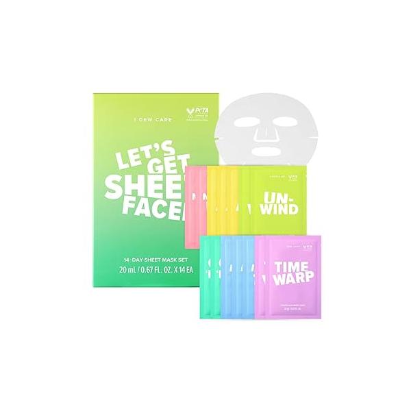I DEW CARE Glass Skin Face Mask Variety Pack - Let's Get Sheet Faced | For Perfect Care Routine, 2 Week Intense Korean Masks Skincare, Makeover with Collagen, Moisturizing, 14 Count
