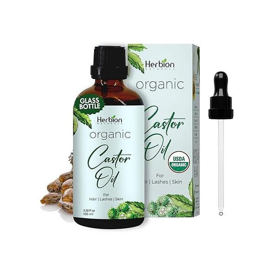 Herbion Naturals Organic Castor Oil USDA Certified, 100% Pure, Cold Pressed, Hexane-Free. Moisturizer & Hair Treatment. Glass Bottle w/Dropper, 3.4 Fl Oz