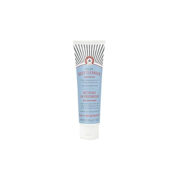 First Aid Beauty - Pure Skin Deep Cleanser with Red Clay, Cleansing Face Wash Antioxidant Booster for Oily and Blemish-Prone Skin, Reduce Oil & Unclog Pores, Safe Sensitive 4.7 oz