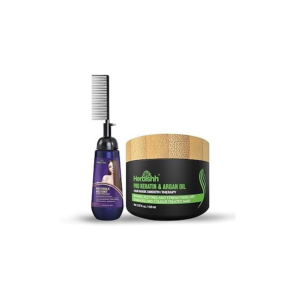 Herbishh Argan Hair Mask-Deep Conditioning & Hydration For Healthier Looking 150Gm + Instant Straightener Cream with Applicator Comb Brush