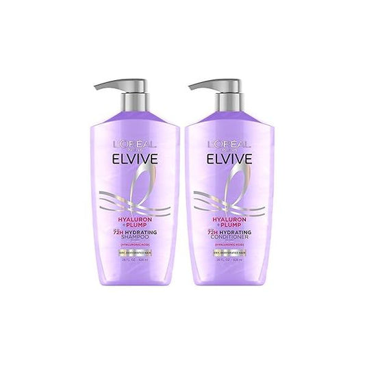 L'Oreal Paris Elvive Hyaluron Plump Shampoo and Conditioner Set for Dehydrated, Dry Hair with Hyaluronic Acid Care Complex, 1 Kit (2 Products)