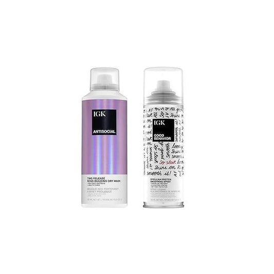 IGK Hair Treatment Full Size Set | Antisocial Dry Mask + Good Behavior Spirulina Spray Overnight Bond-Building Keratin Like Smoothing Vegan Cruelty-Free of 2