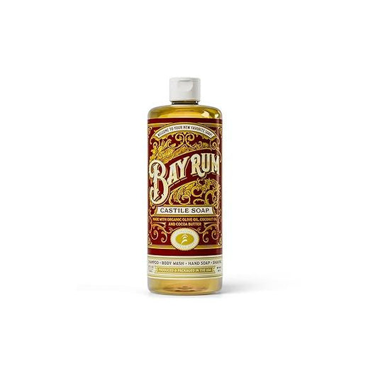 Carolina Castile Soap Bay Rum Scent - Certified Organic Base, High Olive Oil Content, Non-Drying, Made with Oils, Concentrated Natural Body Wash for Men and Women (Bay Rum, 32 Fl Oz)