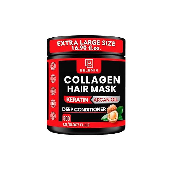 Collagen & Keratin Hair Mask for Damaged, Frizzy - Deep Conditioner with Argan Oil Promotes Growth, Repairs Strengthens Sulfate Paraben-Free 16.9oz + Wooden Comb