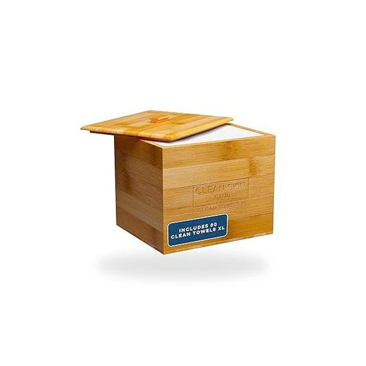 Clean Skin Club Luxe Bamboo Box with Cover & Towels XL, Face Towel, Disposable Makeup Remover Dry Wipes, Facial Wash