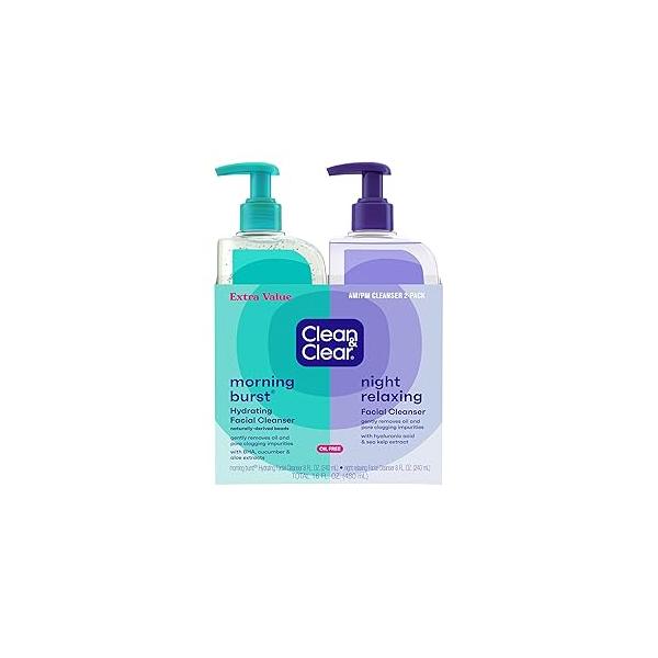 Clean & Clear 2-Pack Day Night Daily Face Cleansers, Morning Burst Hydrating Facial Cleanser Relaxing Deep Cleansing Wash, Oil-Free Won't Clog Pores, 2 x 8 fl. oz