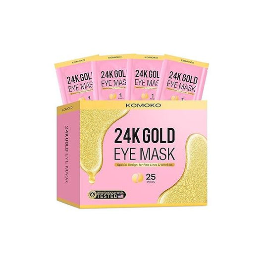 Komoko 25-Pairs 24K Gold Under Eye Patches, Skin Care, Golden Mask Anti-Aging Collagen & Amino Acid, for Removing Dark Circles, Puffiness and Wrinkles, Refresh Your
