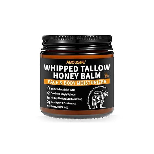 Beef Tallow for Skin - Organic Grass-Fed Whipped and Honey Balm with Wild & Beeswax, Face Body Moisturizer, Natural Lotion Sensitive Dry 4.2 oz