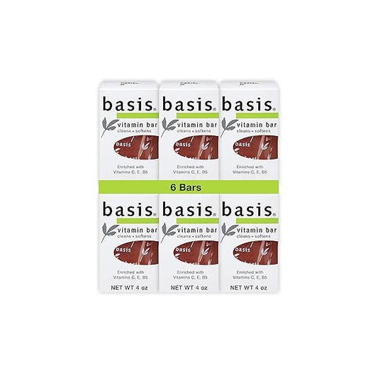 Basis Vitamin Bar Soap for Body, Hands and Face, Natural All Skin Types with C, E B5, 4 Oz, Pack of 6